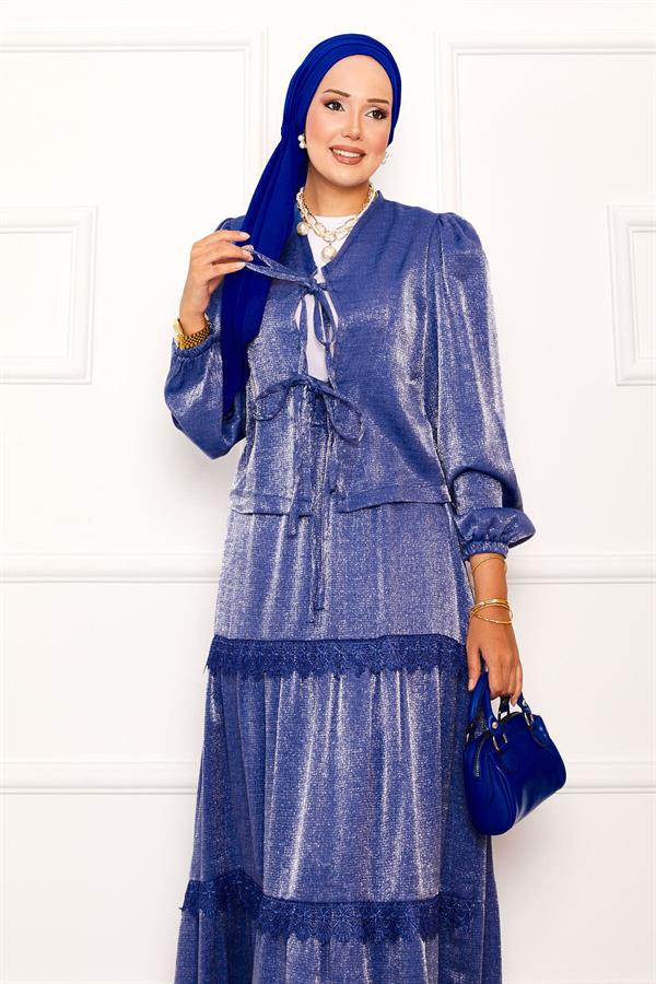Indigo Kimono Suit with Guipure Detail and Skirt