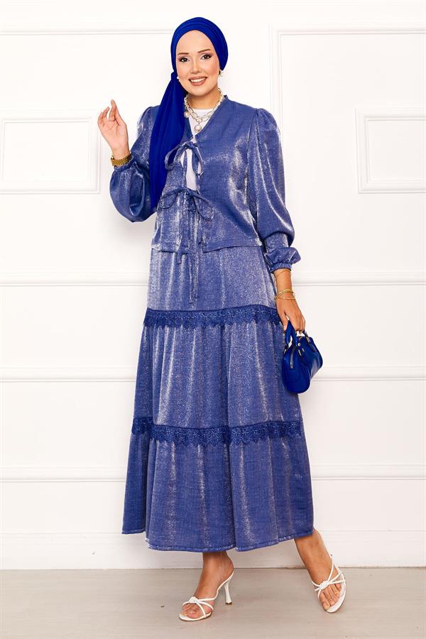 Indigo Kimono Suit with Guipure Detail and Skirt