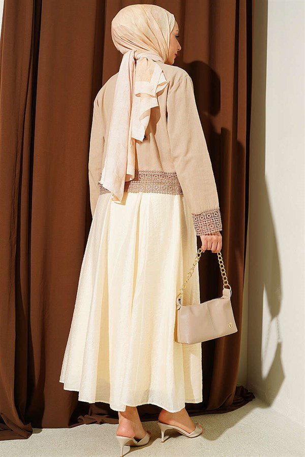 Beige Short Linen Shirt with Lace Detail