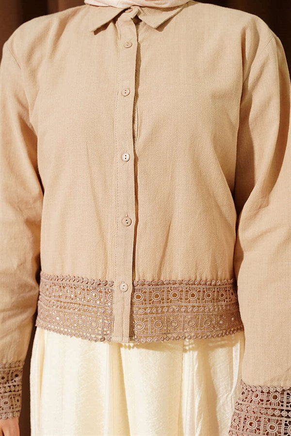 Beige Short Linen Shirt with Lace Detail