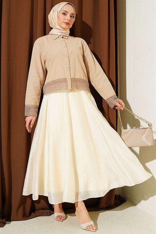 Beige Short Linen Shirt with Lace Detail