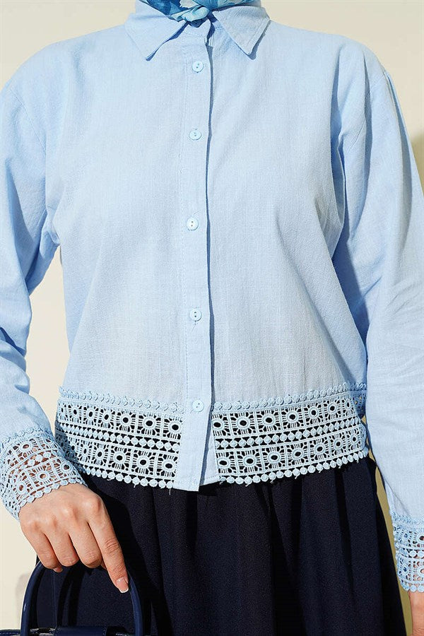 Lace Detail Short Linen Shirt Blue