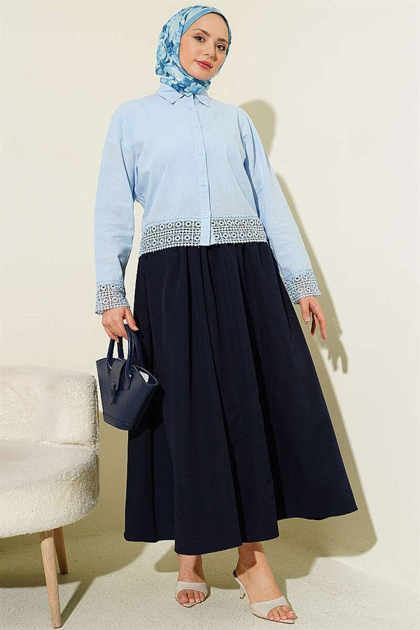 Lace Detail Short Linen Shirt Blue