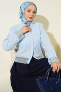 Lace Detail Short Linen Shirt Blue