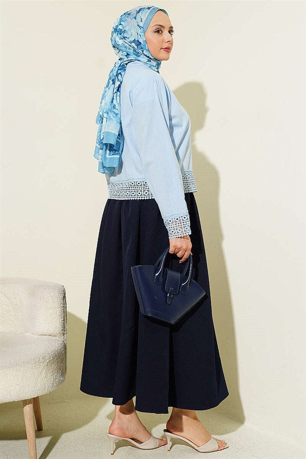 Lace Detail Short Linen Shirt Blue