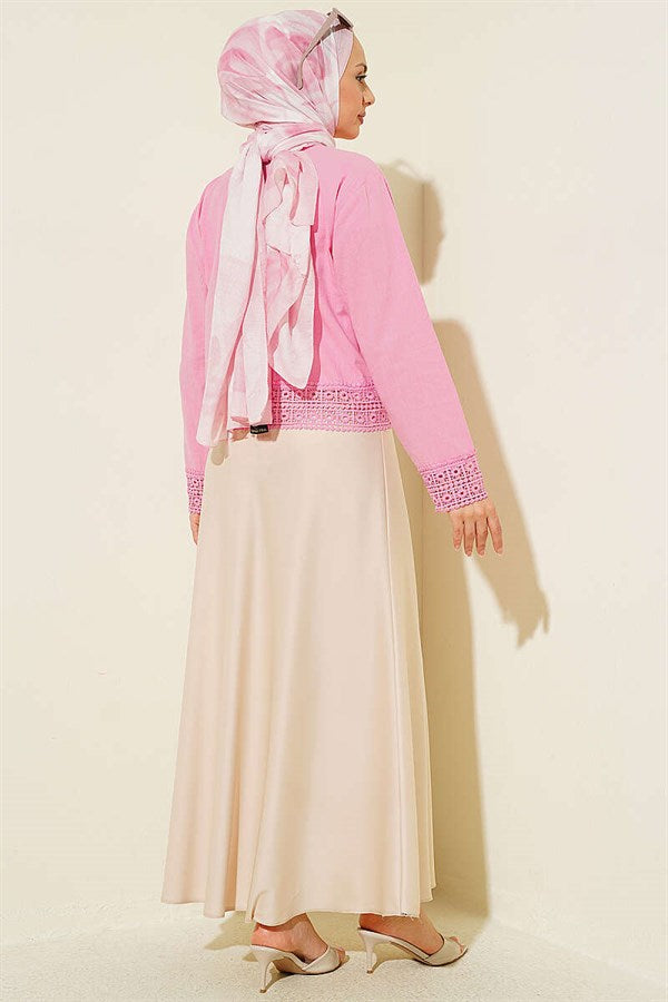 Short Linen Shirt with Lace Detail, Pink