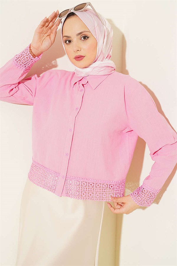 Short Linen Shirt with Lace Detail, Pink