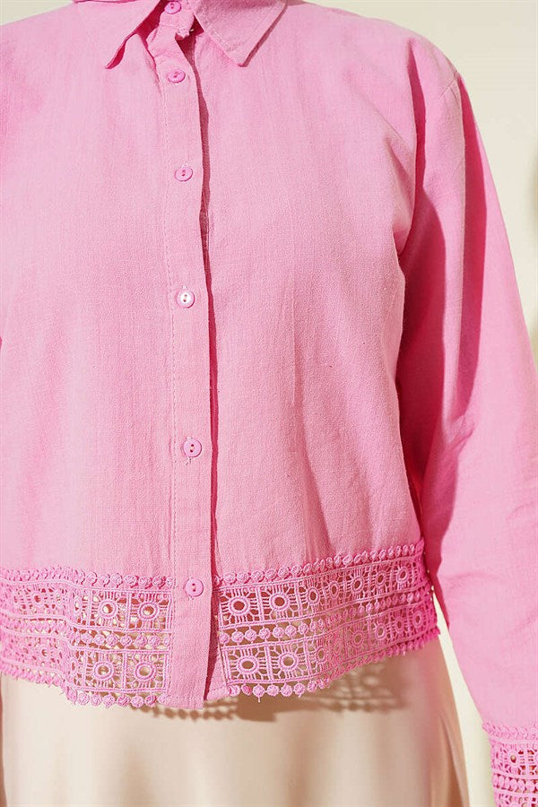 Short Linen Shirt with Lace Detail, Pink