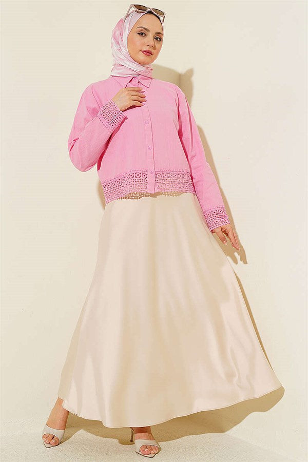 Short Linen Shirt with Lace Detail, Pink