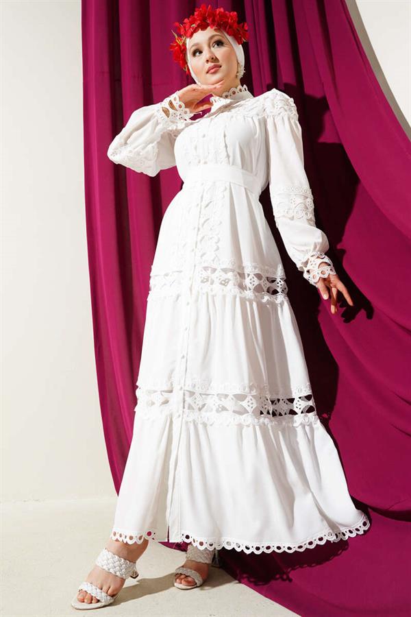Laced Buttoned Dress White