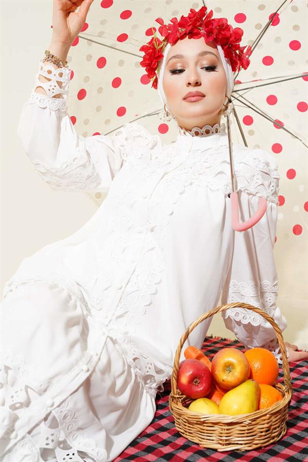 Laced Buttoned Dress White