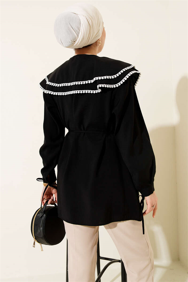 Lace Double Sailor Collar Shirt, Black