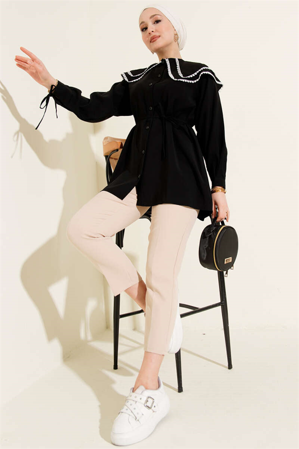 Lace Double Sailor Collar Shirt, Black