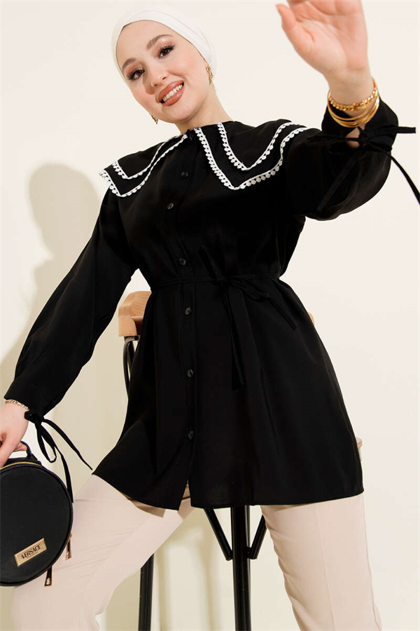 Lace Double Sailor Collar Shirt, Black