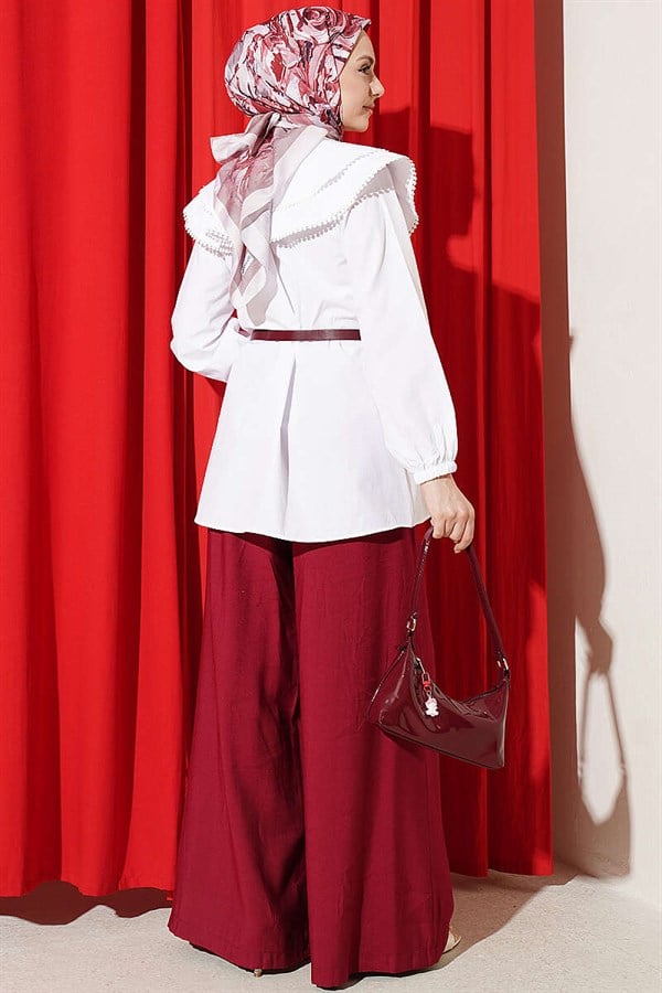 Lace-trimmed Double Sailor Collar Shirt, White