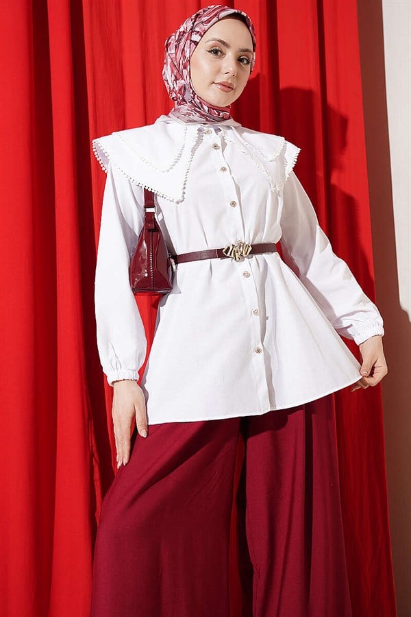Lace-trimmed Double Sailor Collar Shirt, White