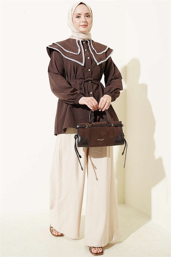Lace-trimmed Double Sailor Collar Shirt, Coffee