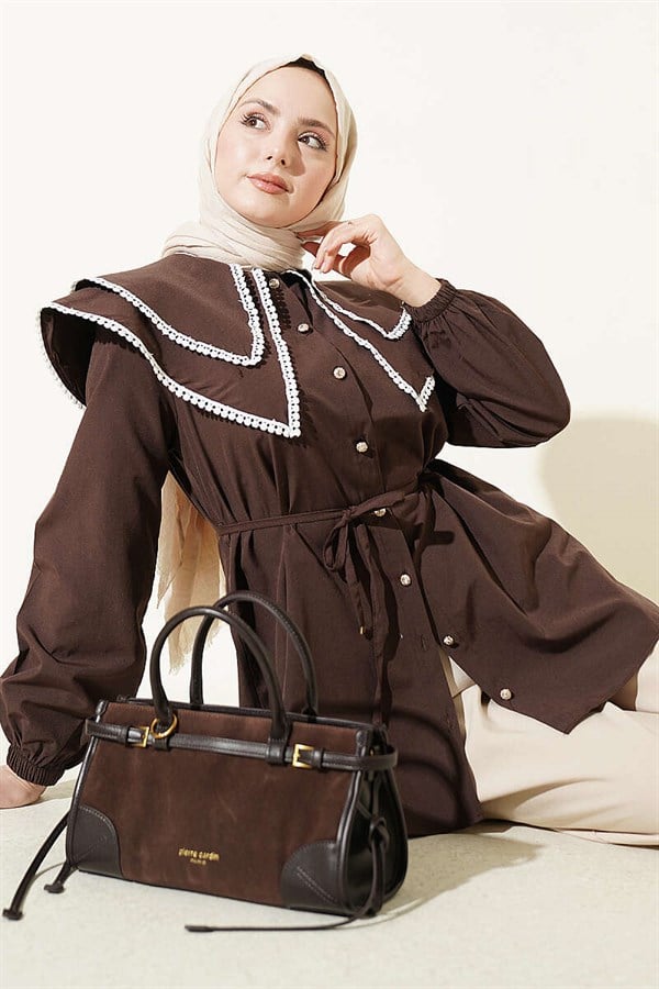 Lace-trimmed Double Sailor Collar Shirt, Coffee