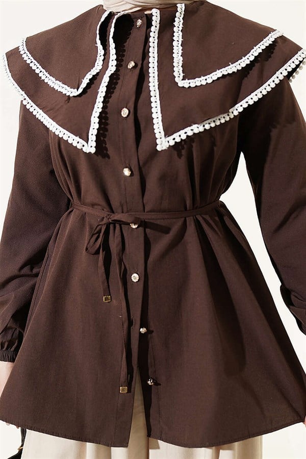 Lace-trimmed Double Sailor Collar Shirt, Coffee