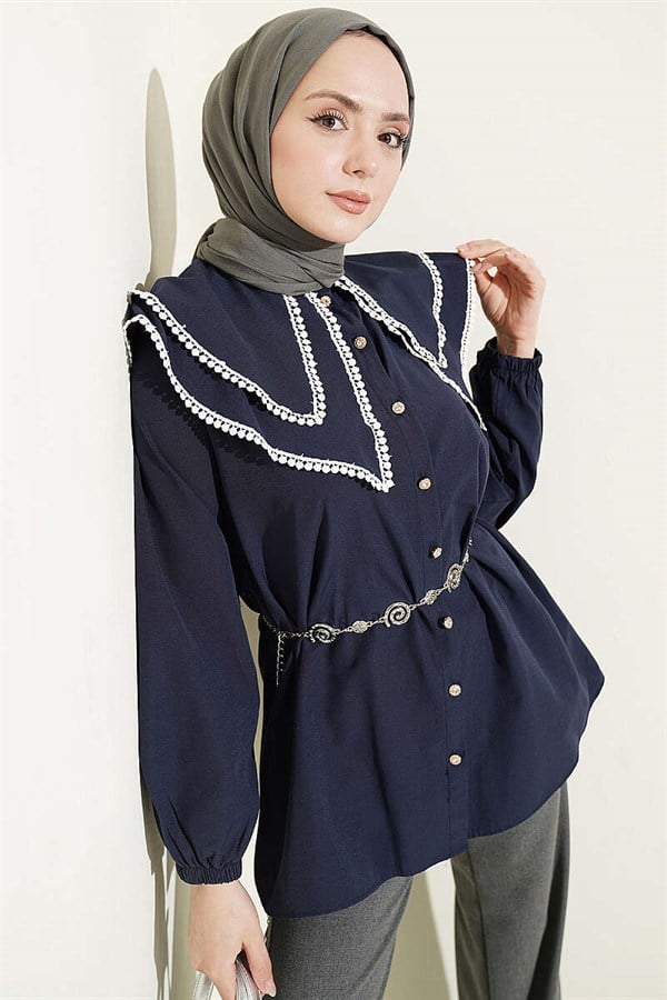 Navy Blue Double Sailor Collar Lace Shirt