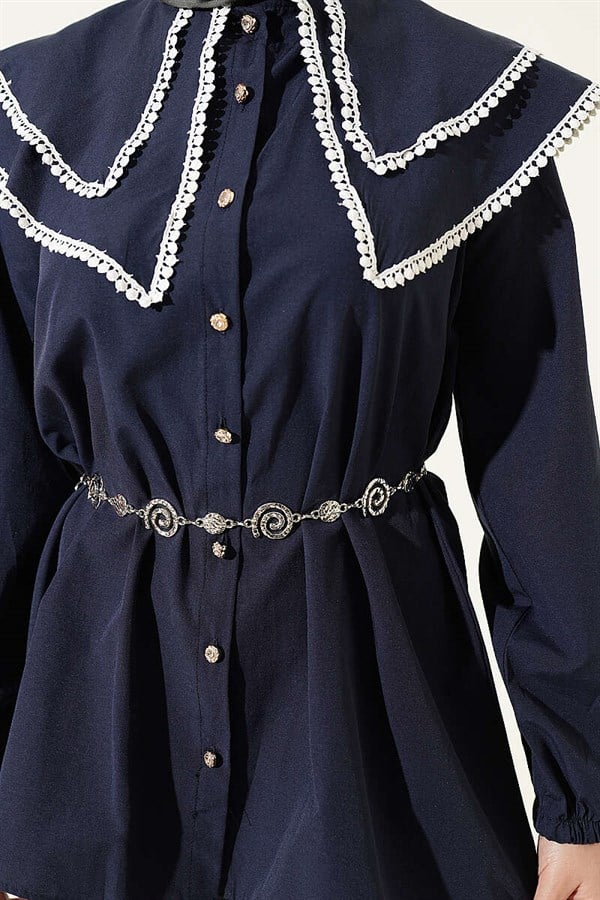 Navy Blue Double Sailor Collar Lace Shirt