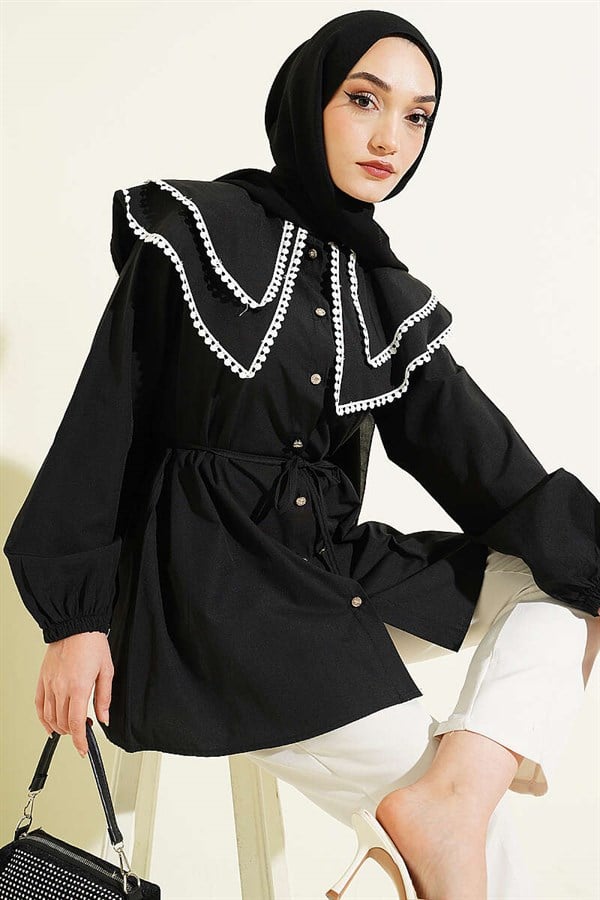 Lace-trimmed Double Sailor Collar Shirt, Black