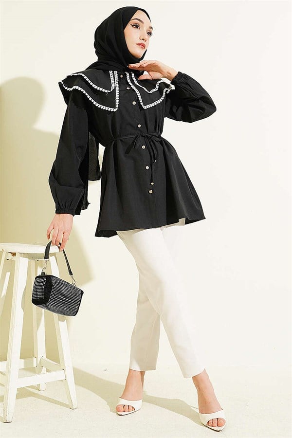 Lace-trimmed Double Sailor Collar Shirt, Black