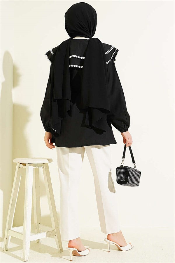 Lace-trimmed Double Sailor Collar Shirt, Black