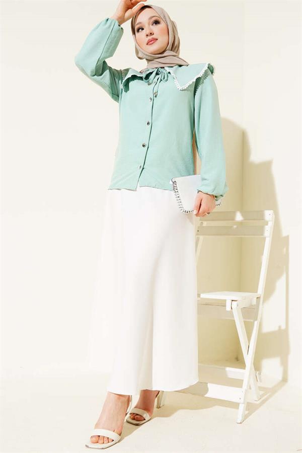 Guipure Navy Collar Short Shirt Almond Green