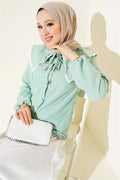 Guipure Navy Collar Short Shirt Almond Green