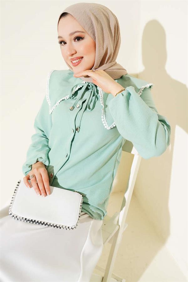 Guipure Navy Collar Short Shirt Almond Green