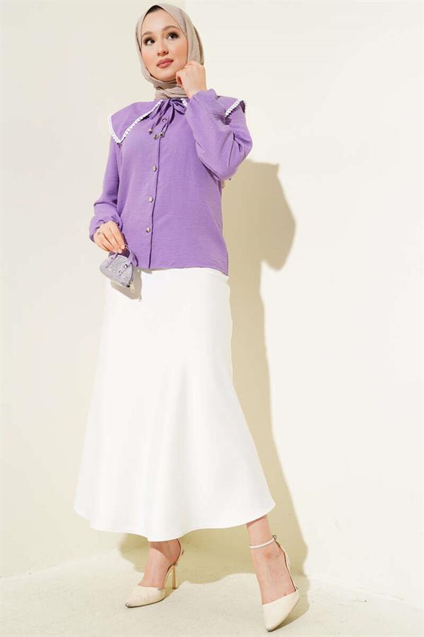 Laced Sailor Collar Short Shirt Lilac