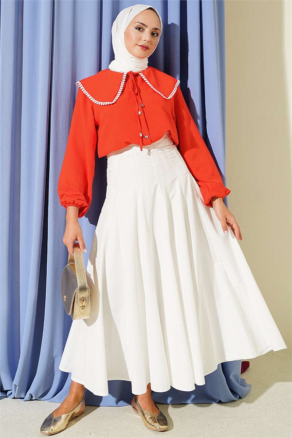 Lace-trimmed Sailor Collar Short Shirt, Pomegranate Blossom