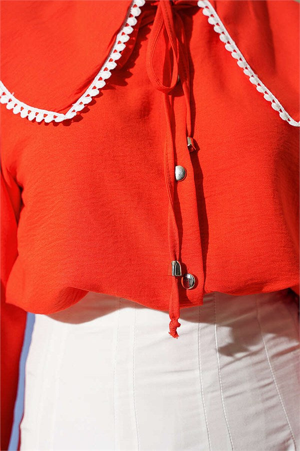 Lace-trimmed Sailor Collar Short Shirt, Pomegranate Blossom