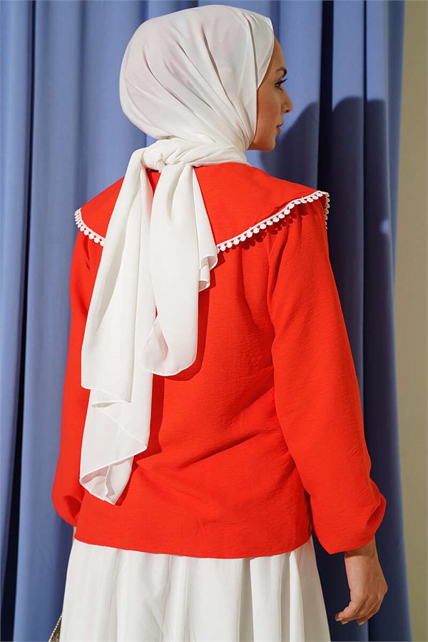 Lace-trimmed Sailor Collar Short Shirt, Pomegranate Blossom