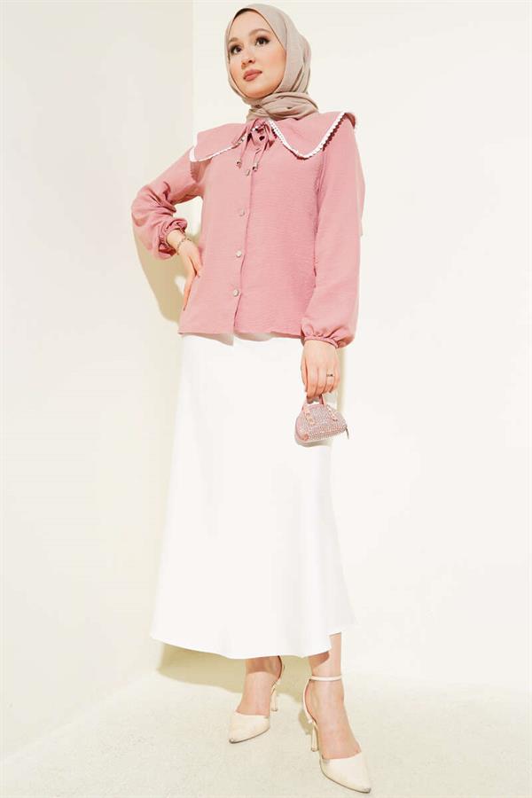 Laced Sailor Collar Short Shirt Powder