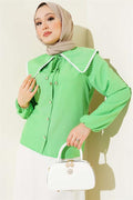 Guipure Navy Collar Short Shirt Green