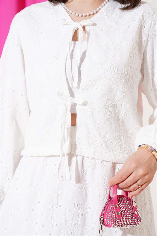 Two Piece Ecru Suit with Guipure Skirt