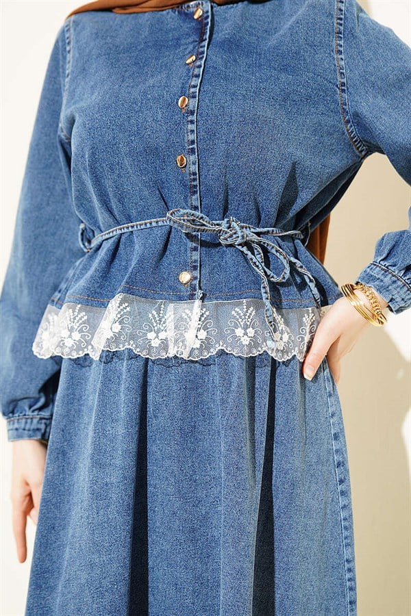 Denim Suit with Lace Trim and Belted Skirt