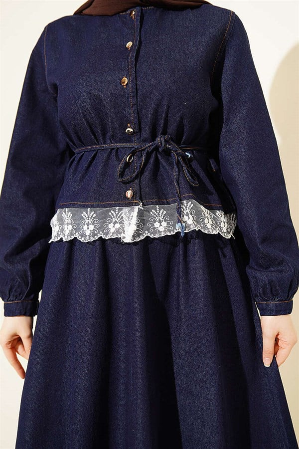 Navy Blue Denim 2 Piece Set with Lace Trim and Belted Skirt