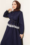 Navy Blue Denim 2 Piece Set with Lace Trim and Belted Skirt