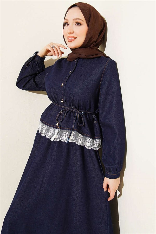 Navy Blue Denim 2 Piece Set with Lace Trim and Belted Skirt