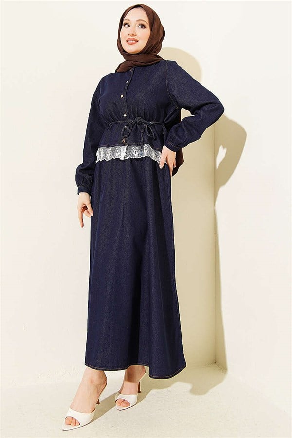 Navy Blue Denim 2 Piece Set with Lace Trim and Belted Skirt