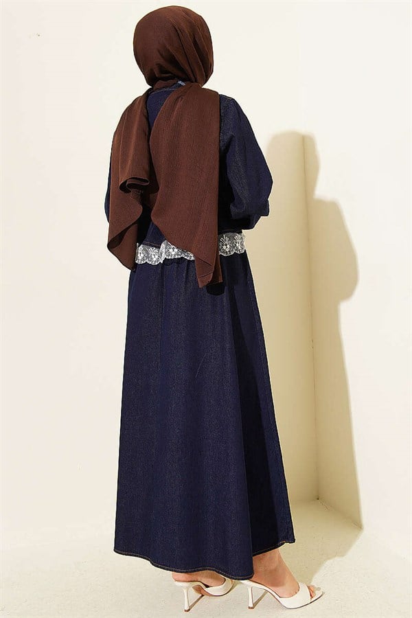 Navy Blue Denim 2 Piece Set with Lace Trim and Belted Skirt