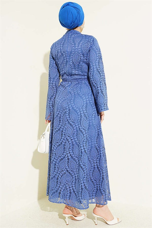 Lace Belted Flared Dress Indigo