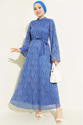 Lace Belted Flared Dress Indigo