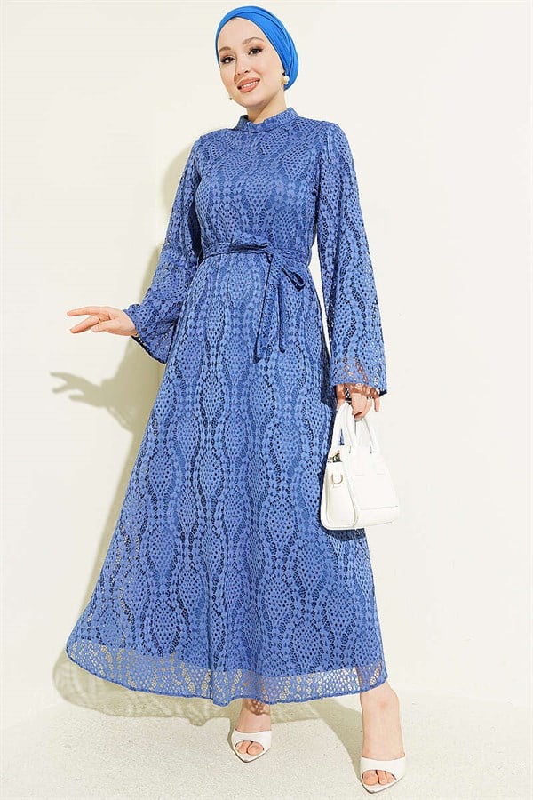 Lace Belted Flared Dress Indigo