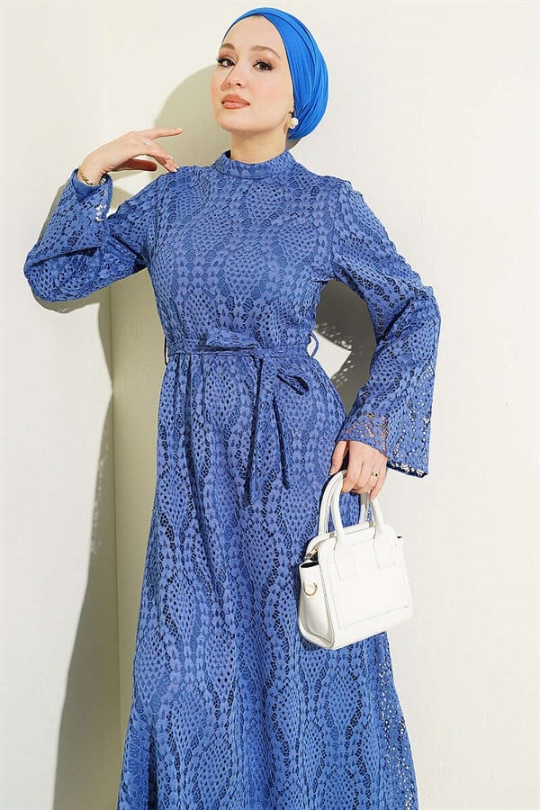 Lace Belted Flared Dress Indigo