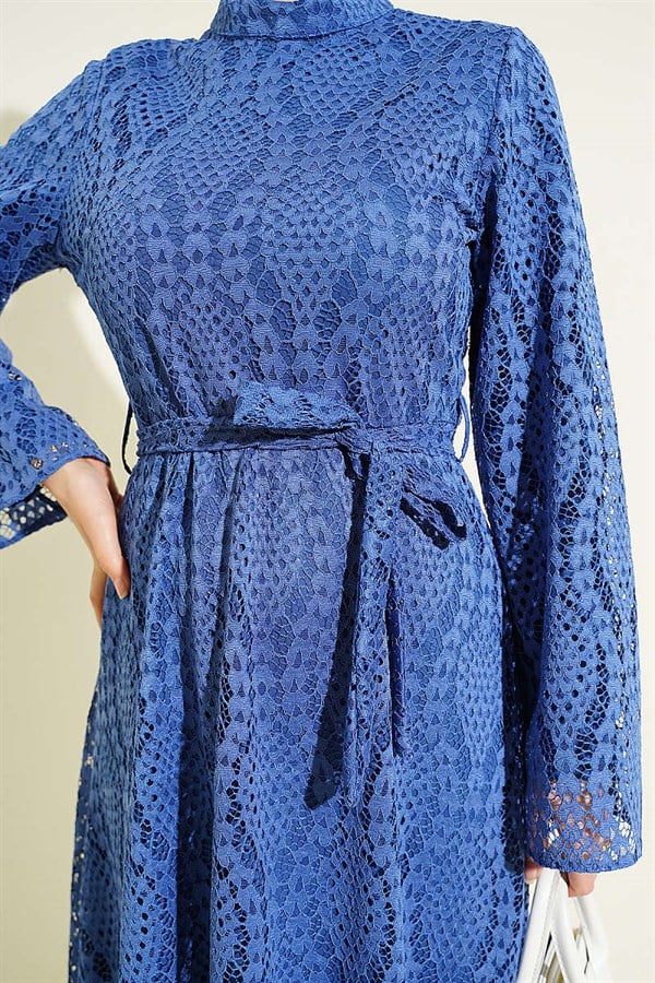 Lace Belted Flared Dress Indigo