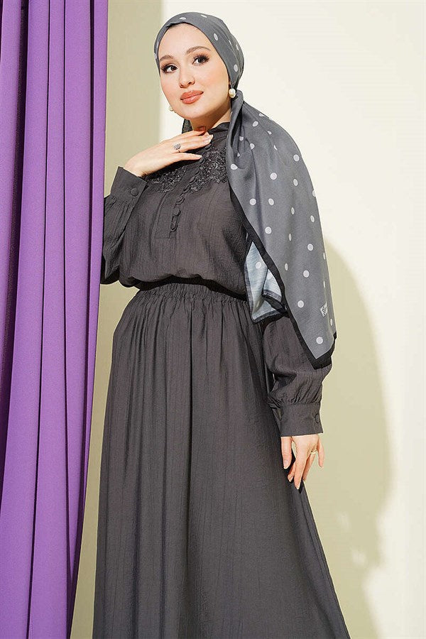 Lace Trimmed Half-British Buttoned Skirt 2 Piece Set in Smoke Grey